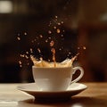 Coffee splash in white cup on saucer Royalty Free Stock Photo