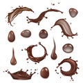 Coffee splashes. Brown chocolate milk splashes of hot drinks dessert vector realistic template Royalty Free Stock Photo