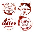 Coffee stain ring label. Stamps with dirty circles from tea or coffee cup. Cafe or restaurant logo template