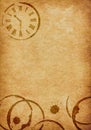 Coffee Stains & Clock Vellum Parchment Background Royalty Free Stock Photo