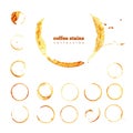 Coffee stains. Collection of round brown spots. Set vector illustration isolated on white background.