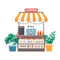 Coffee stall, street shop with hot drinks and sweet pastries, vector illustration in flat style on white background Royalty Free Stock Photo