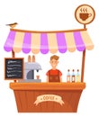 Coffee stand. Cartoon street stall. Fast food market