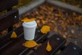 coffee stands on a bench surrounded by autumn leaves. warmth and comfort of autumn