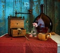 Coffee still life. A cup of hot, aromatic coffee, an old manual coffee grinder and cezve for brewing a drink. Royalty Free Stock Photo