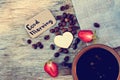 Coffee, strawberry, the inscription. Coffee, strawberry, the inscription Royalty Free Stock Photo