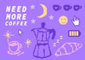 Coffee and study pixel art set, retro 8bit elements at techno purple background, computer interface arrow and hand