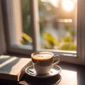 coffee in the sunlight with an open book near it and windowsill