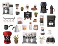 Coffee supplies. Cartoon cafe equipment. Espresso machine and tools for alternative drink caffeine preparing. Cups and