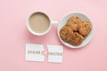 coffee, sweet cookies on a pink background