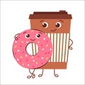 Coffee and sweet donut. Delicious snack. Glass of drink with bun. Vector cartoon illustration
