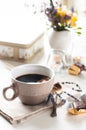 Coffee, sweets and flowers Royalty Free Stock Photo