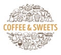 Coffee and sweets, hot drinks and desserts sketch emblem