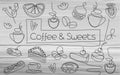 Coffee and Sweets icon set. Single line cake sign. One line food pattern. Hand drawn doodle dessert. Pastry and bakery