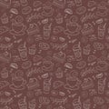 Coffee and sweets seamless vector pattern. Monochrome brown background with white cups, desserts, berries, fruits and plants Royalty Free Stock Photo