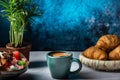 Coffee, sweets and spices. Black coffee and croissants. Cozy coffee amosphere.