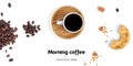 Coffee and sweets on a white background. Long header banner format. Panorama website header banner. Royalty Free Stock Photo