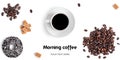 Coffee and sweets on a white background. Long header banner format. Panorama website header banner. Royalty Free Stock Photo