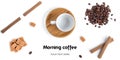 Coffee and sweets on a white background. Long header banner format. Panorama website header banner. Royalty Free Stock Photo