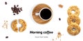 Coffee and sweets on a white background. Long header banner format. Panorama website header banner. Royalty Free Stock Photo