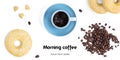 Coffee and sweets on a white background. Long header banner format. Panorama website header banner. Royalty Free Stock Photo