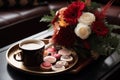 A coffee table adorned with holiday-themed decor, such as a tray of hot cocoa, cookies, and a festive floral arrangement.