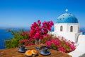 Coffee table on the background the churches of Santorini Royalty Free Stock Photo