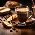 Coffee on Table with Bread and Coffee Beans, Coffee with Warm Lighting Scene Created with Generative AI Royalty Free Stock Photo