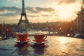 coffee on table and Eiffel tower in Paris Royalty Free Stock Photo