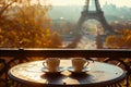coffee on table and Eiffel tower in Paris Royalty Free Stock Photo