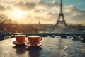 coffee on table and Eiffel tower in Paris Royalty Free Stock Photo
