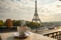 Coffee on Table with Eiffel Tower in Paris Royalty Free Stock Photo