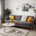 Coffee table in front of grey couch in scandinavian living room Royalty Free Stock Photo