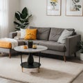 Coffee table in front of grey couch in scandinavian living room Royalty Free Stock Photo