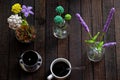 Coffee table with handmade flower by crochet, coffee cup, amazing artwork Royalty Free Stock Photo