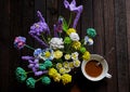 Coffee table with handmade flower by crochet, coffee cup, amazing artwork Royalty Free Stock Photo