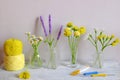 Coffee table with handmade flower, coffee cup on wooden background Royalty Free Stock Photo