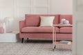 Coffee table with kinck knacks in front of elegant couch with pillows