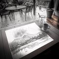 Coffee table with rainy landscape in the mountains