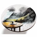 Coffee table with rainy landscape in the mountains