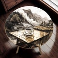 Coffee table with rainy landscape in the mountains