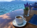Coffee on a table by the sea Royalty Free Stock Photo
