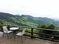 Coffee table set for two with panorama mountain scenic