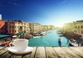 Coffee on table and Venice in sunset time Royalty Free Stock Photo
