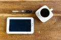 Coffee and tablet, workplace businessman