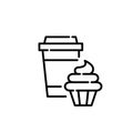 Coffee in a takeaway cup and cupcake. Sweet treat relaxation break. Pixel perfect, editable stroke icon Royalty Free Stock Photo