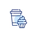 Coffee in a takeaway cup and cupcake. Sweet treat relaxation break. Pixel perfect, editable stroke line icon Royalty Free Stock Photo