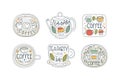 Coffee takeaway labels set. Organic coffee and tea drinks hand drawn labels, stickers, prints vector illustration