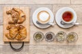Coffee and te great breakfast on wooden table top view Royalty Free Stock Photo