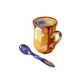 Coffee and tea ceramic cup with spoon. Watercolor painting on white background Royalty Free Stock Photo